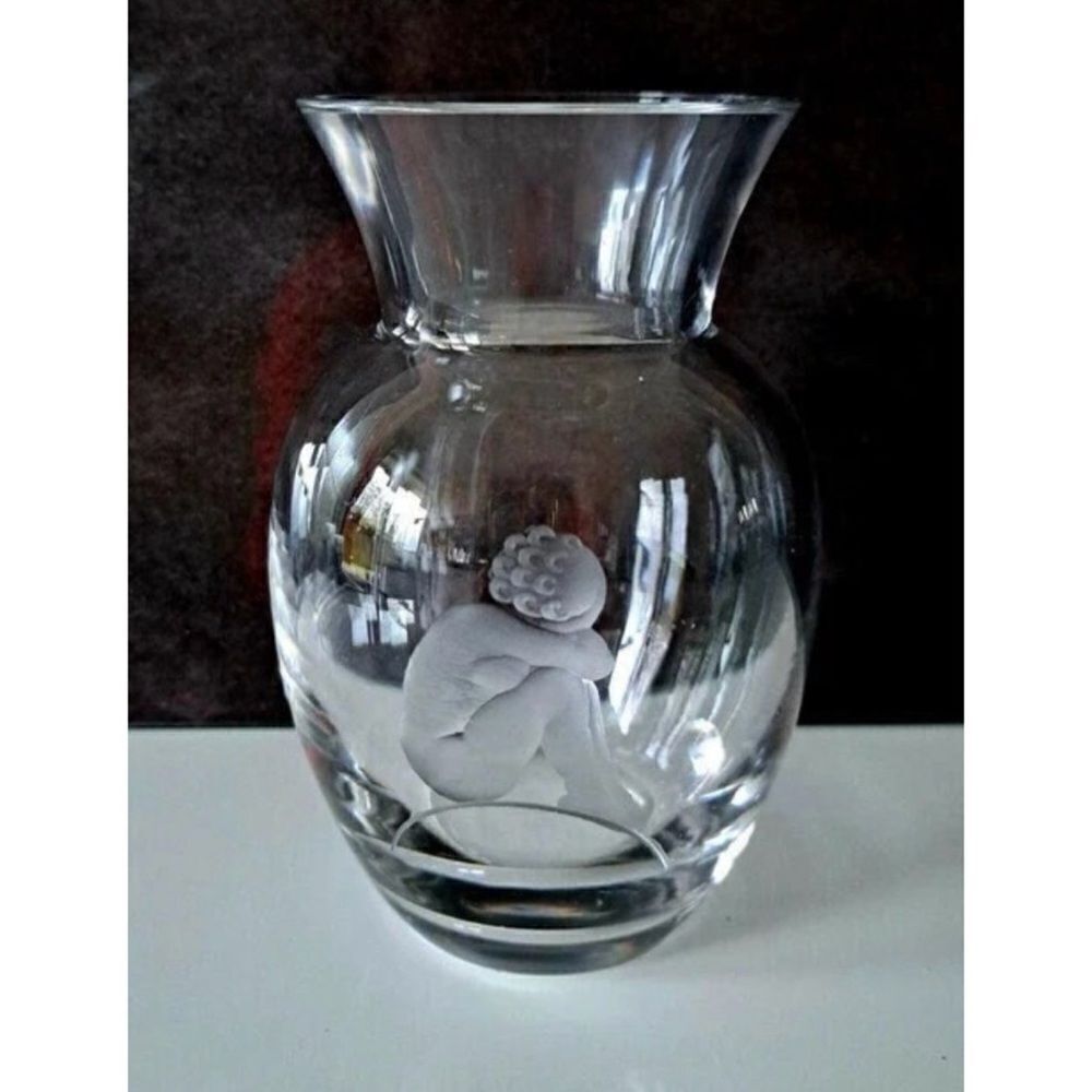 Vintage Mini 5” Val St. Lambert - hand-cut crystal vase with child